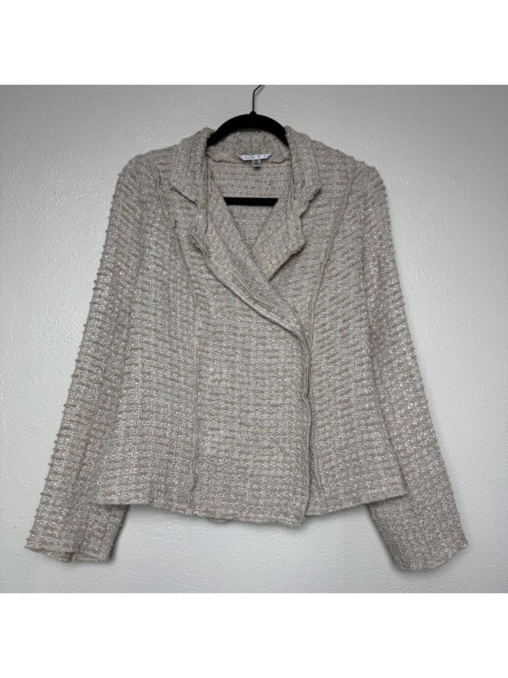 CABI Creme/Beige Textured Chenille Blazer Jacket Collared Snaps Sz S